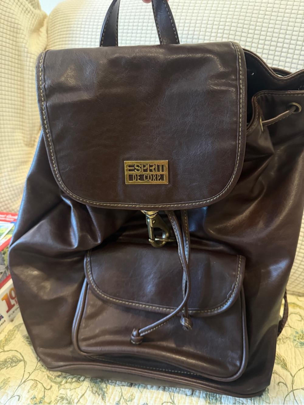 Esprit Dark Brown Leather-Effect Drawstring Backpack with Front Pocket